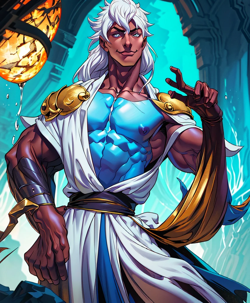 (((Luxurious shoulder-length white hair, dark complexion, and sexy smirk.))) (((18 years old.))) (((18yo.))) (((Cute smirk.))) (((Single character image.))) (((1boy)))Visualize a spellbinding male wizard set against the backdrop of a medieval fantasy world. This enigmatic figure embodies an enticing blend of allure and darkness, his very presence casting an enchanting aura. He is impeccably attired in the most exquisite medieval fantasy wizard robes, exuding an air of sophistication.
The wizard possesses a youthful countenance that belies the deep moodiness within. His long, flowing hair is a lustrous cascade, oozing with a seductive and alluring charm. His eyes, captivating and mesmerizing, beckon viewers into the depths of his enigma. His physique, sculpted and sensual, hints at hidden power beneath the surface.   (((he has very strong sexual charisma and his dark aloofness, draws women in.))) 
With a subtle smile playing upon his lips, he emanates an aura of smug confidence, knowing that his arcane prowess sets him apart from the mundane. He carries an air of distinguished arrogance, yet his lithe and slender figure reflects an intelligence that transcends mortal bounds.
This wizard's gaze holds secrets untold, and his sinister undertone hints at a mysterious past. He is a master of the arcane, a sorcerer of the mystic arts, and an adventurer in the truest sense. His scowl speaks of power, and his very presence is irresistibly desirable.
His devious smug smirk reveals his awareness of his own capabilities, and his athletic body is as handsome as it is commanding. The artwork should embrace the unique art style of Artgerm, capturing intricate details, hyper-detailed hands, and ultra-detailed clothing that showcase the craftsmanship of this epic masterpiece.
This is a Dungeons & Dragons character portrait that trends on artstation, embodying the essence of a wizard who is both a captivating enigma and a force to be reckoned with.
