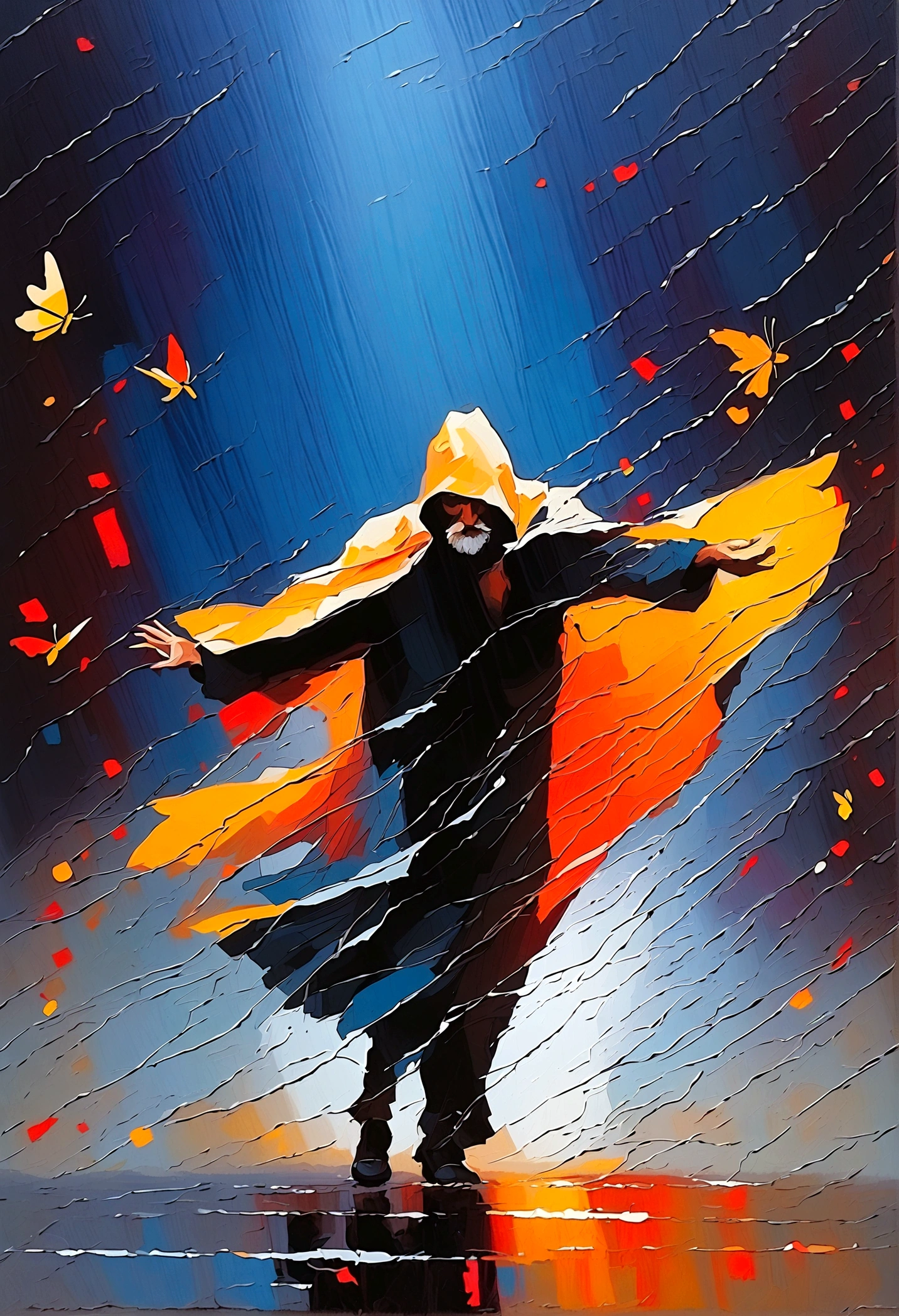 Soul Dancer Mark,A homeless man dancing alone in the rain,soul,Barefoot,Loose and worn clothes,Professional ballet movements,Fingertips 1 butterfly,Very contagious,Splash,Light and Shadow,Minimalism,artistic conception,Clean background