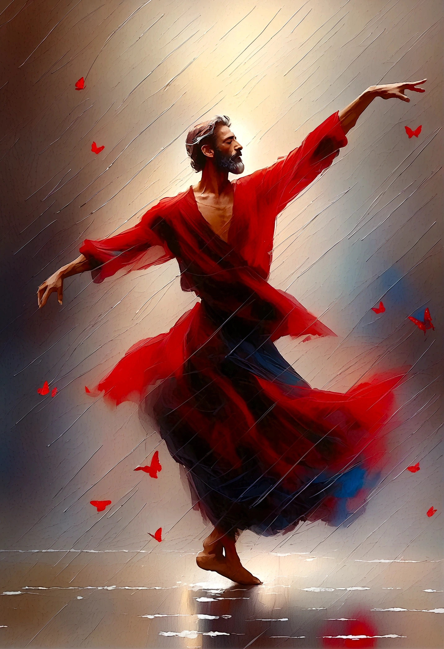 Late Night Soul Dancer Mark,A homeless man dancing alone in the rain， souls，Look up，Barefoot，White loose worn clothes，Professional ballet movements，1Butterflies chasing fingertips，Very contagious，Splash，Light and Shadow，Minimalism，artistic conception，Clean background