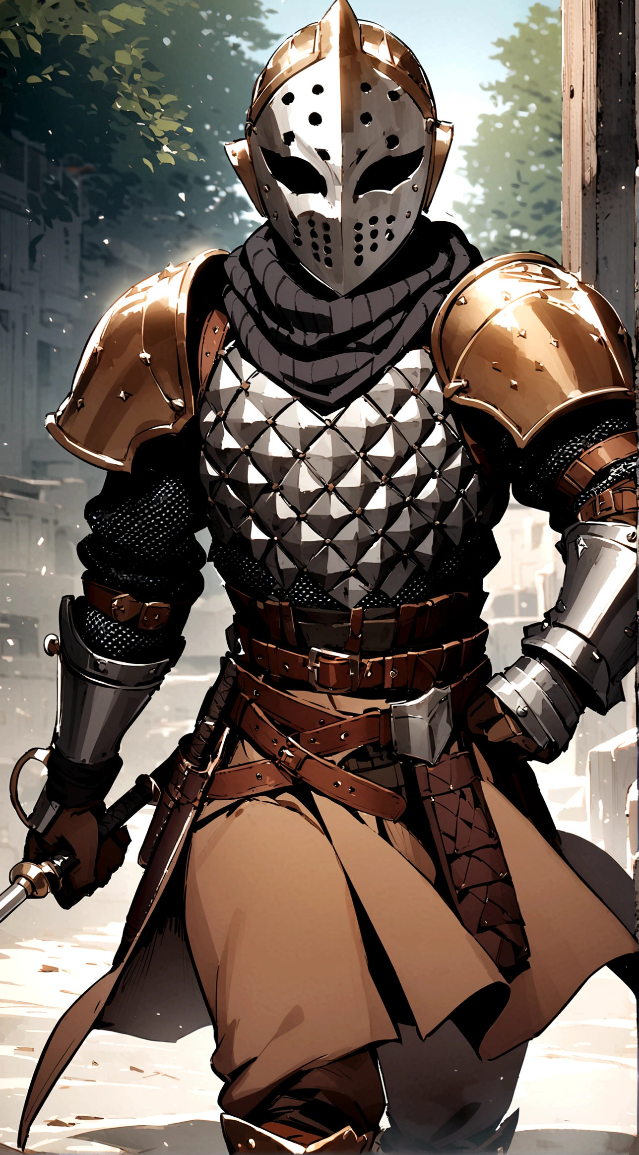 1boy, armor, light armor, gambeson, chainmail, brown pants, boots, copper armor, chestplate, bandolier, belts, shoulder plates, light shoulder armor, arm armor, leg armor, side skirts, black skirts, tattered scarf, black scarf, metal face, metal mask, fencing, rapier, buckler, Height=1.83m, BodyType=slim fit, masked, met, midjourney. metal face, Baldwin mask, Roman face mask, metal face, slightly copper colored armor, porcelain mask, acting mask, theathre mask