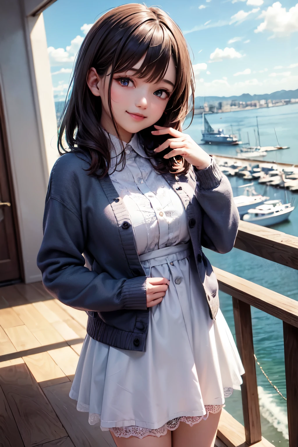 very cute and beautiful girl,(highly detailed beautiful face),
frilled white summer dress with detailed lace,(navyblue cardigan),standing,
hilltop,harbor,town overview,marina,distant ocean background,island,beautiful summer sky,
(smile:1.2),happy,black hair,mid shot,holding cute fashion bag,detailed legs,
(best quality,masterpiece),absurdres,highres,ultra-detailed,extremely detailed,32k,8k resolution,
intricate details,cinematic scene,detailed background,solo,dynamic angle,