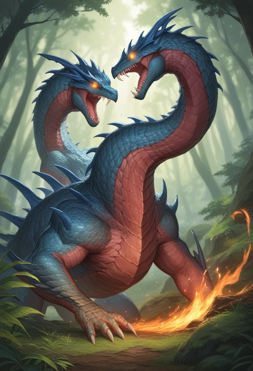 score_9,score_8_up,score_7_up,source_anime,cowboy shot,Idealized Forms,Natural Light,details background,blurry background,extremely detailed,yamatanoorochi,dragon,Depict the legendary creature Yamata no Orochi from Japanese mythology. This monstrous serpent has eight heads and eight tails, each head with fiery, glowing eyes and razor-sharp fangs. Its massive, sinuous body is covered in dark, scaly skin that glistens with an otherworldly sheen. Imagine the creature towering over a dark, ancient forest, its many heads weaving through the air, each exuding an aura of dread and power. The scene should capture the fearsome presence and the mythical aura of this legendary beast