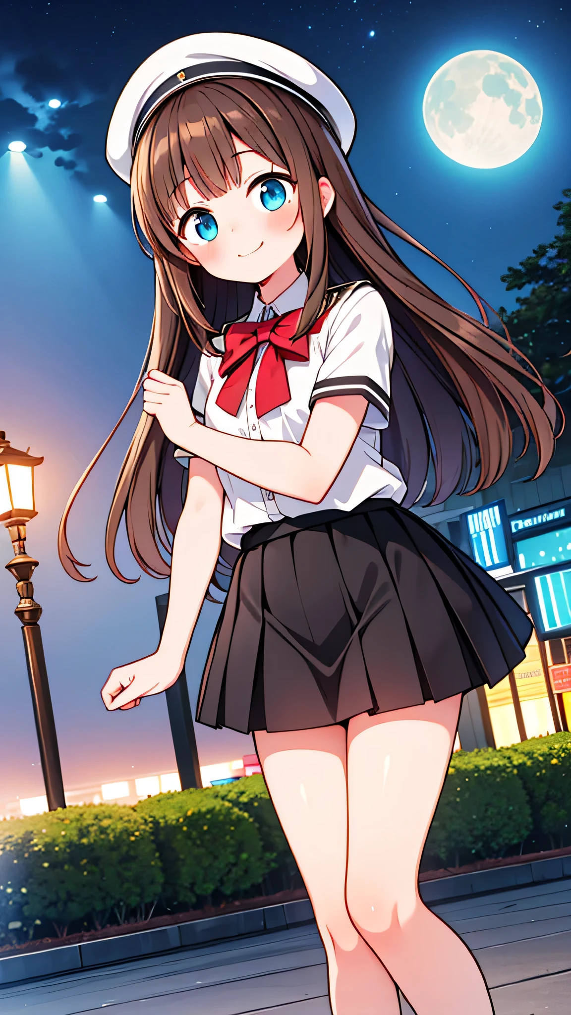 {Highest quality}, {Super beautiful},{Ultra fine},{Best illustration},Brown Hair,Hime cut,semi-long,Bangs,girl,Uniform cap,White Shirt,Short sleeve,Long black skirt,Night Park,Embarrassed,smilingly,Blushing,Slender women, Woman wearing black pumps,Bare legs and pumps,Stand with your legs together,From an angle
