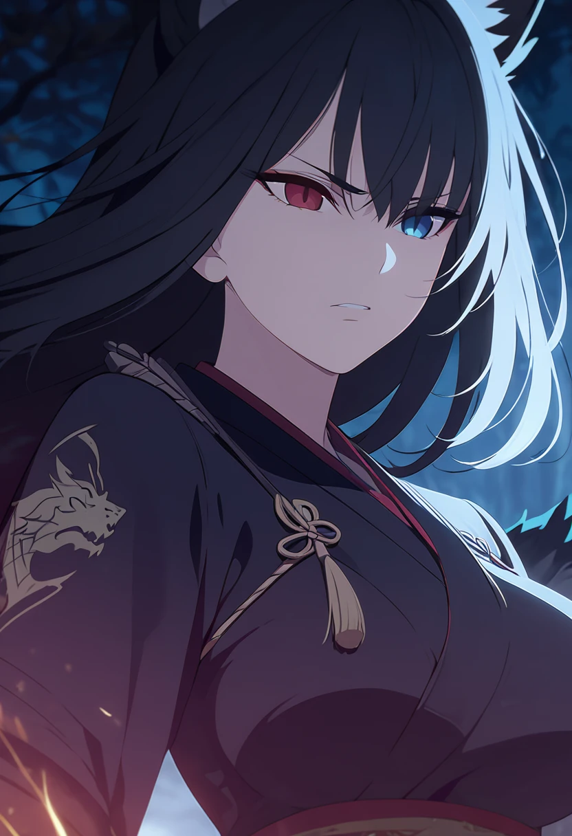 a beautiful blue and black kitsune,detailed intricate portrait,1girl,long black hair,slim waist,big breasts,long white tail,heterochromia (one blue eye, one red eye),black and red kimono with dragon design,mature woman,serious face,(best quality,4k,8k,highres,masterpiece:1.2),ultra-detaile,fantasy,dark fantasy,dramatic lighting,vibrant colors
