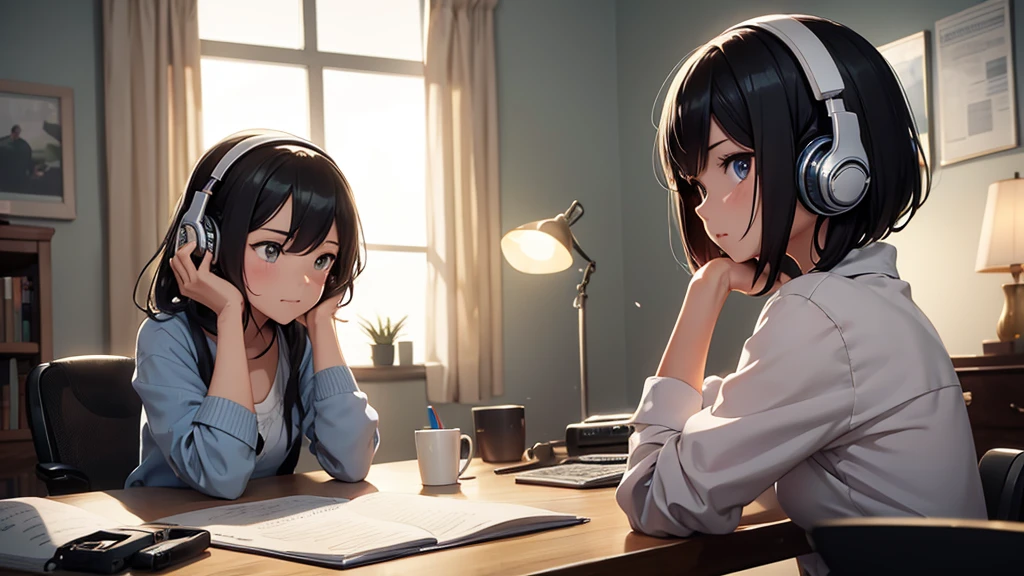 anime girl with headphones sitting at desk with cat and lamp, artgerm and atey ghailan, lofi girl, lofi artstyle, lofi art, atey ghailan 8 k, in style of atey ghailan, inspired by Atey Ghailan, lofi feel, loish and ross tran, lofi portrait, by Atey Ghailan