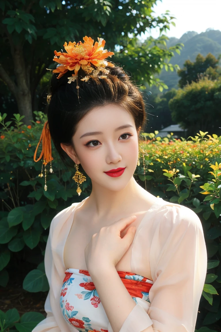 best quality, tmasterpiece,Ultra-high resolution,Clear face,（Reality：1.4），ferpect lighting，(upper body photo:1.5), (photorealistic:1.50), anime wallpaper, Guviz style artwork, cover-up fantasy up to magic , by Yang J, Guviz, beautiful artwork illustration, beautiful digital artwork, beautiful digital illustration, Li Song, beautiful anime portrait, art style in Beauvot, 1 girl, black eyes, 独奏, (looking at viewer), smile, happy expression, dancing with butterfly, red hanfu, holding flower, 
((in the garden)), floral background,  outdoor, chinese traditional architecture,
 