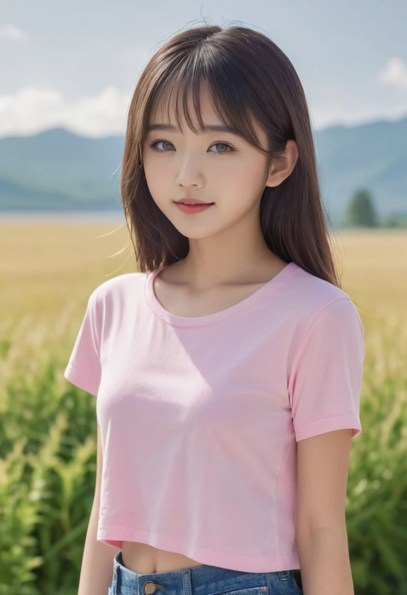 (masterpiece, best quality:1.4), (8K), Young Asian brunette beauty girl, (((12 years old, neat girl))), detailed blue eyes, long eyelashes, blush, kind smile, upper body, covered large breasts, (pink t-shirt), denim short shorts, (from side), (looking at viewer), beautiful blonde hair, white-skinned, long hair, parted bangs, (huge breasts), (valley, beautiful and magnificent skyline, majestic sky), colorful natural light)