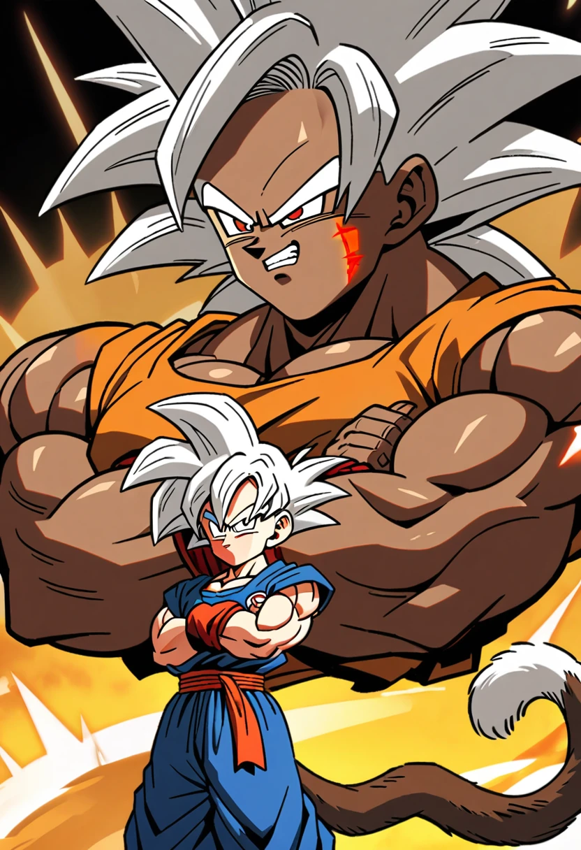 Dragon Ball 2D, white hair, with brown eye color, long and spiky hair, muscled body, with the demonic mark on his face, with a white monkey tail, with arms crossed, dark skin color.