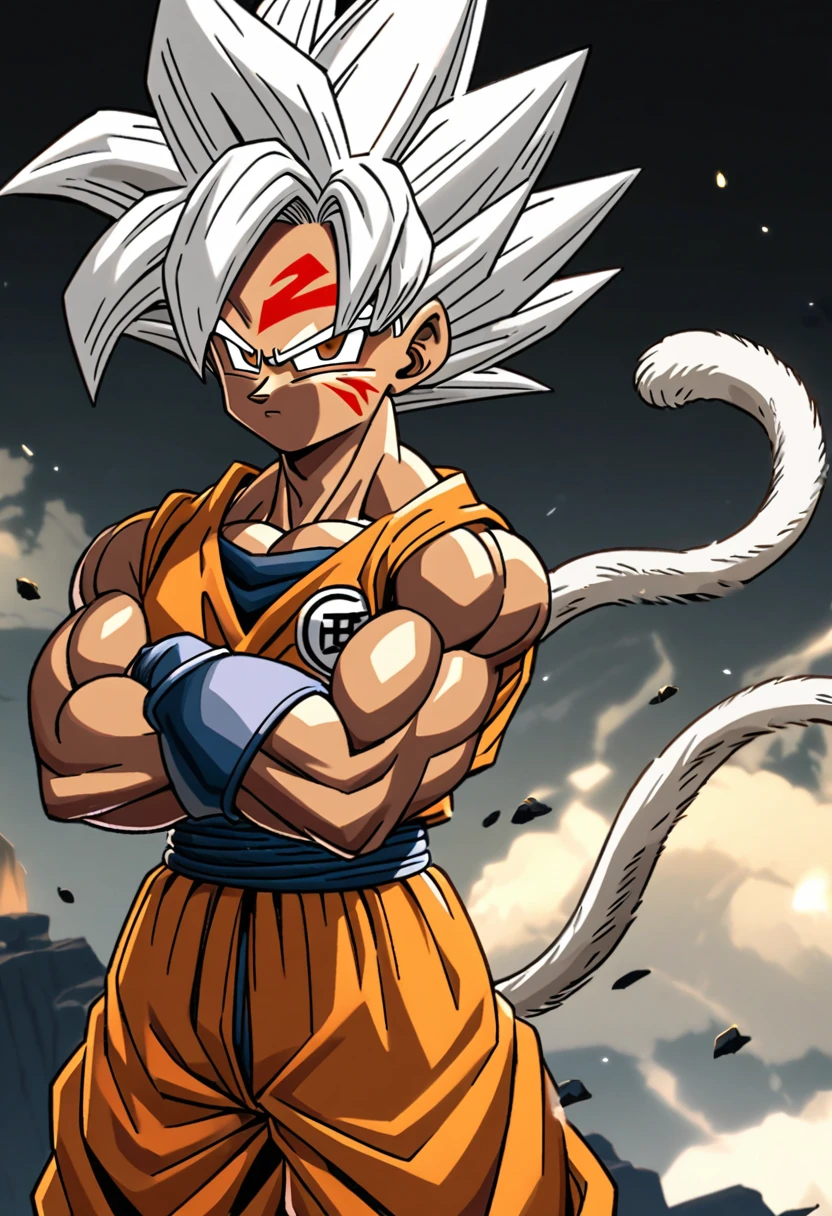 Dragon Ball 2D, white hair, with brown eye color, long and spiky hair, muscled body, with the demonic mark on his face, with a white monkey tail, with arms crossed, dark skin color.
