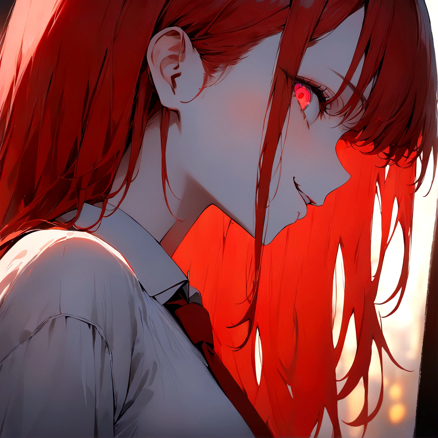 (Masterpiece:1.2, Best Quality), 1 woman, profile, looking towards the viewer, White shirt red tie, medium breasts, Casual, long red hair, minimal makeup, , pale,Natural fabrics, closeup face, evil smile, bright eyes circular pupils,8K high resolution, detailed lines,blurred background,