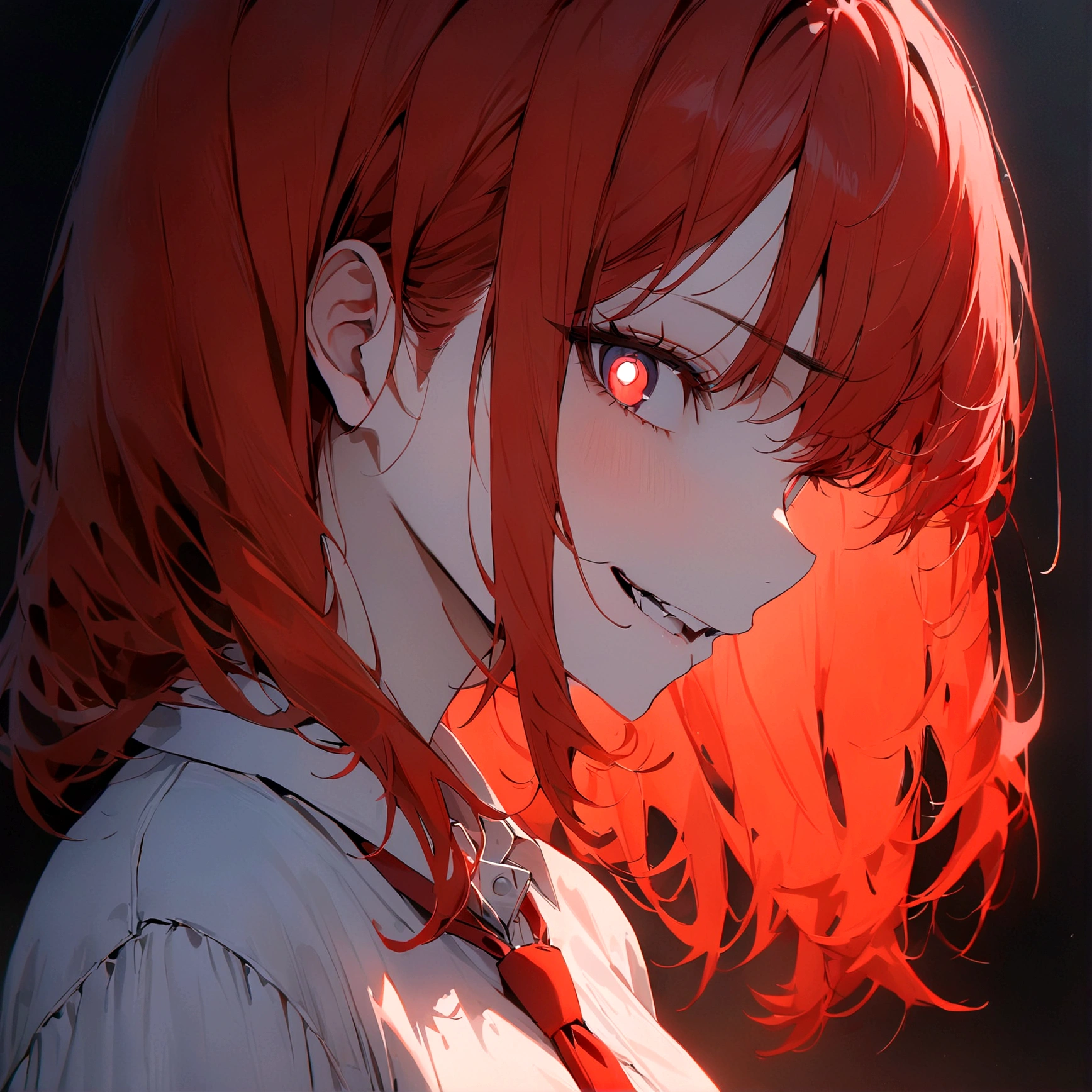 (Masterpiece:1.2, Best Quality), 1 woman, profile, looking towards the viewer, White shirt red tie, medium breasts, Casual, long red hair, minimal makeup, , pale,Natural fabrics, closeup face, evil smile, bright eyes circular pupils,8K high resolution, detailed lines,blurred background,