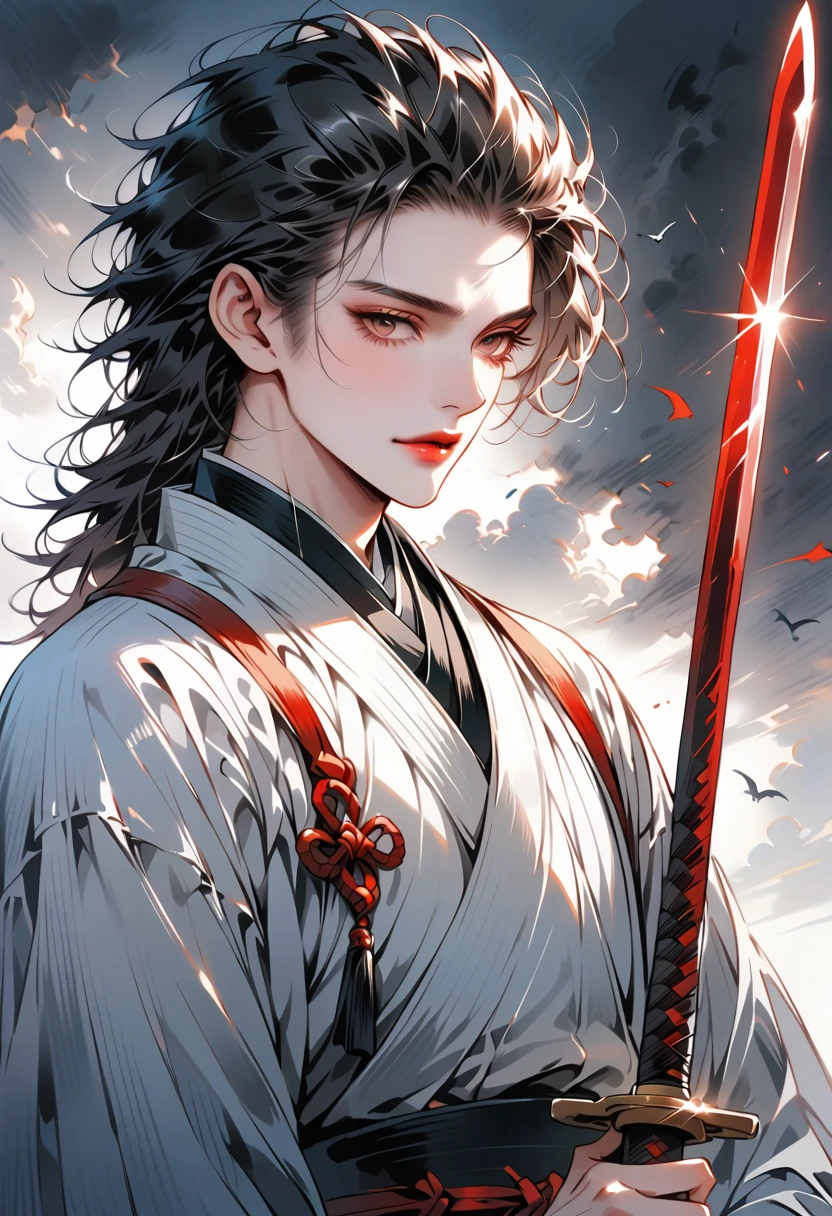 Chinese swordsman,Male swordsman,muscular,short hair,Buzz Cut,Handsome,Simple lines,Abstract Art,Holding a red long sword