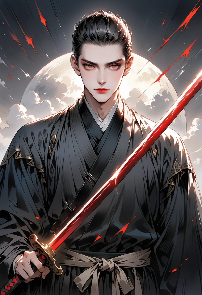 Chinese swordsman,Male swordsman,muscular,short hair,Buzz Cut,Handsome,Simple lines,Abstract Art,Holding a red long sword