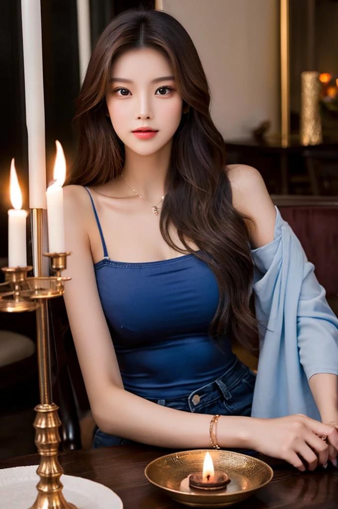Generate an image of a breathtaking 20-year-old Asian woman whose beauty is comparable to a goddess of the fire element. She has large brown eyes, dark brown hair, radiant skin, and an appealing look. Dressed in a stunning top and blue skinny jeans, she is seated elegantly at a romantic dining table. The ambiance is intimate with soft lighting, candles, and a beautifully set table.