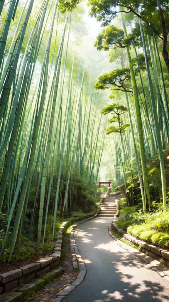 The enchanting beauty of Kyoto, Quiet bamboo forest and winding paths、enchanting star. 私たちDesign ofは、A testament to the incredible synergy of Kyoto's natural beauty and heavenly wonders。. Strolling along the narrow path in the bamboo forest, Dark bamboo shoots create a quiet atmosphere. overhead, the night sky is bright, with great attention to detail, Expressing the delicate texture of bamboo leaves and the brightness of stars. A design that evokes a mysterious feeling, The quiet beauty of Kyoto's bamboo forest、breathtaking starry sky. 「Kyoto's bamboo forest and starry sky along the path」Design of, A place where nature and the universe come together in perfect balance. Super detailed, advanced details, high quality, Awards, 最high quality, High resolution, 16k, 8k,The light of the lighting illuminating the path、there are no buildings、Lighting between bamboo groves、Gorgeous bamboo color、The green color of bamboo is bright and beautiful.、Orange lights illuminating the path、The contrast between the green bamboo and the orange lights is beautiful.、