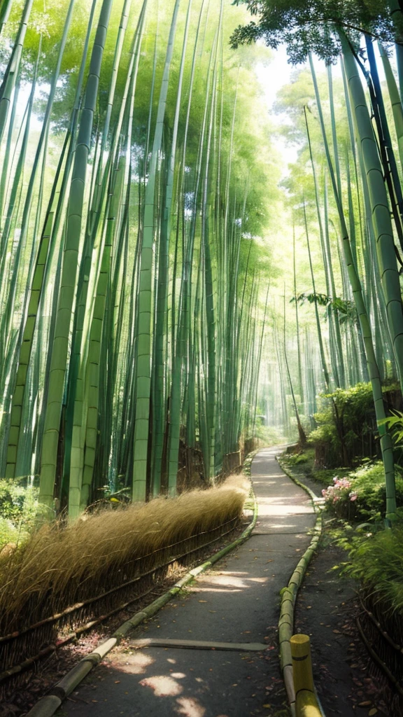 The enchanting beauty of Kyoto, Quiet bamboo forest and winding paths、enchanting star. 私たちDesign ofは、A testament to the incredible synergy of Kyoto's natural beauty and heavenly wonders。. Strolling along the narrow path in the bamboo forest, Dark bamboo shoots create a quiet atmosphere. overhead, the night sky is bright, with great attention to detail, Expressing the delicate texture of bamboo leaves and the brightness of stars. A design that evokes a mysterious feeling, The quiet beauty of Kyoto's bamboo forest、breathtaking starry sky. 「Kyoto's bamboo forest and starry sky along the path」Design of, A place where nature and the universe come together in perfect balance. Super detailed, advanced details, high quality, Awards, 最high quality, High resolution, 16k, 8k,The light of the lighting illuminating the path、there are no buildings、Lighting between bamboo groves、Gorgeous bamboo color、The green color of bamboo is bright and beautiful.、Orange lights illuminating the path、The contrast between the green bamboo and the orange lights is beautiful.、