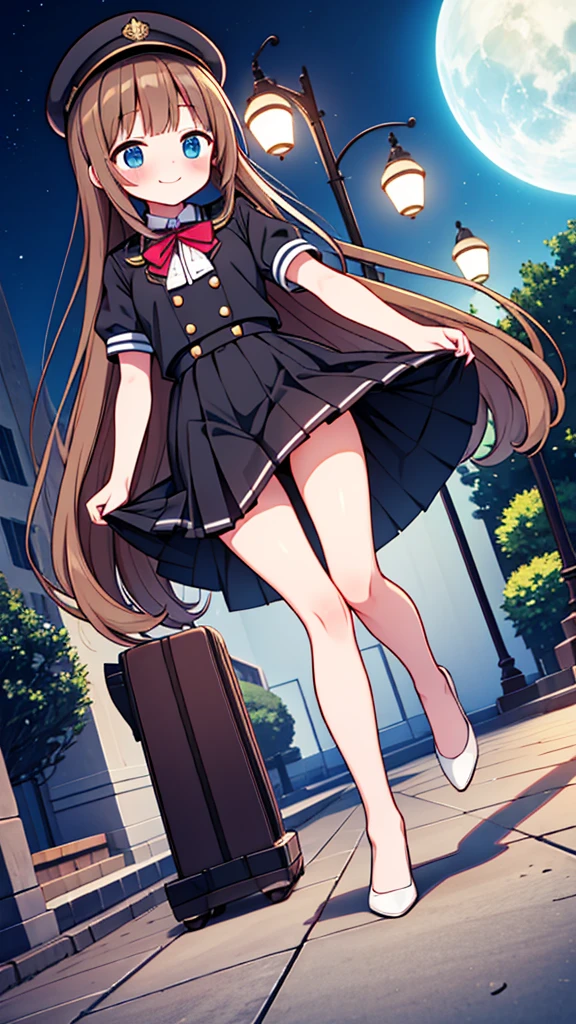 {Highest quality}, {Super beautiful},{Ultra fine},{Best illustration},Brown Hair,Hime cut,semi-long,Bangs,girl,Uniform cap,White Shirt,Short sleeve,Long black skirt,Night Park,Embarrassed,smilingly,Blushing,Slender women, A woman wearing plain black pumps,Bare feet and pumps,From an angle