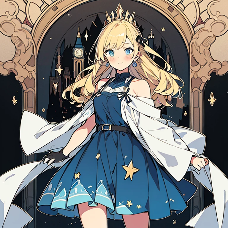 1girl,white hairbl, long curly blonde hair, short dress, short dark blue dress with stars, black ribbons, blue eyes,blush , black gloves, Fleet style, bright eyes, , medium body weight, very big eyes, detailed, mature, sensitive, hearts , white stars, European cities background, looking away, night, beautiful night city view, masterpiece, best quality, wallpaper,ancient European buildings, 20th century style, dark background, midnight, sexy, happy, middle-aged, middle age
