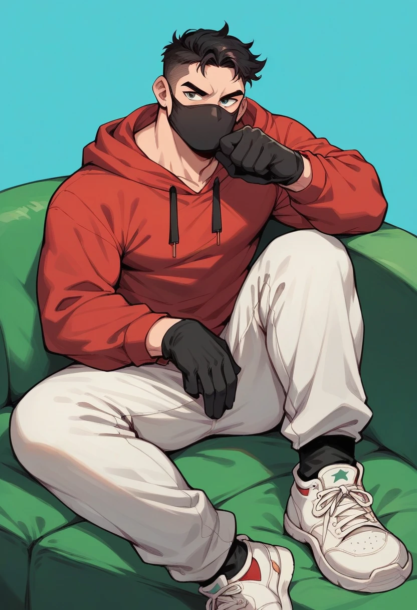 A guy wear red hoodie black jogger and white shoes he wear black gloves he wear black mouth mask blue background green sofa