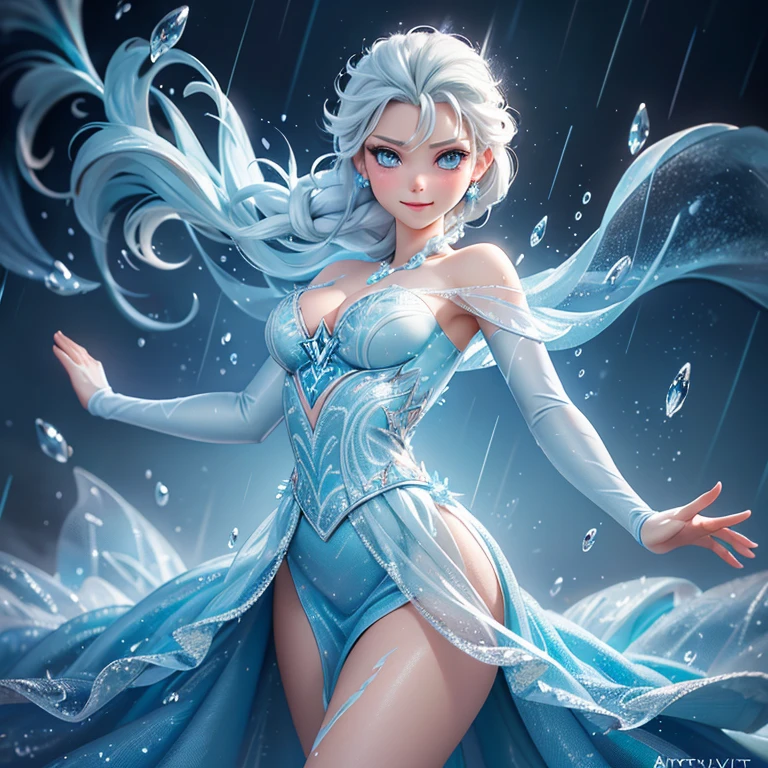 Digital painting of Elsa from Frozen dancing gracefully under the rain, her ice powers creating sparkling rain droplets and forming intricate ice patterns around her, dressed in her signature ice-blue gown, with a joyful and free-spirited expression, cinematic composition, trending on ArtStation