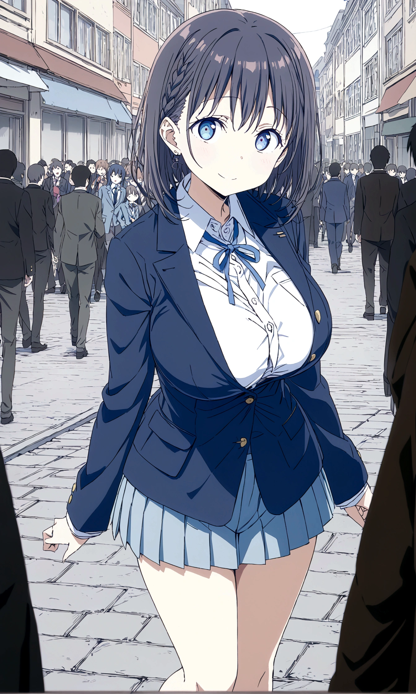 Tawawa on Monday,Ai-chan,Big Breasts,Blue Blazer,high school girl,temptations,whole body,In town,crowd,silhouette,finely detailed beautiful face,high quality,anime,beautiful,High resolution,anime color,{{{{8K_wallpaper}}}},{{{masterpiece}}},{{{{extremely detailed eyes}}}},{{{{extremely detailed body}}}},{{{{extremely detailed finger}}}}