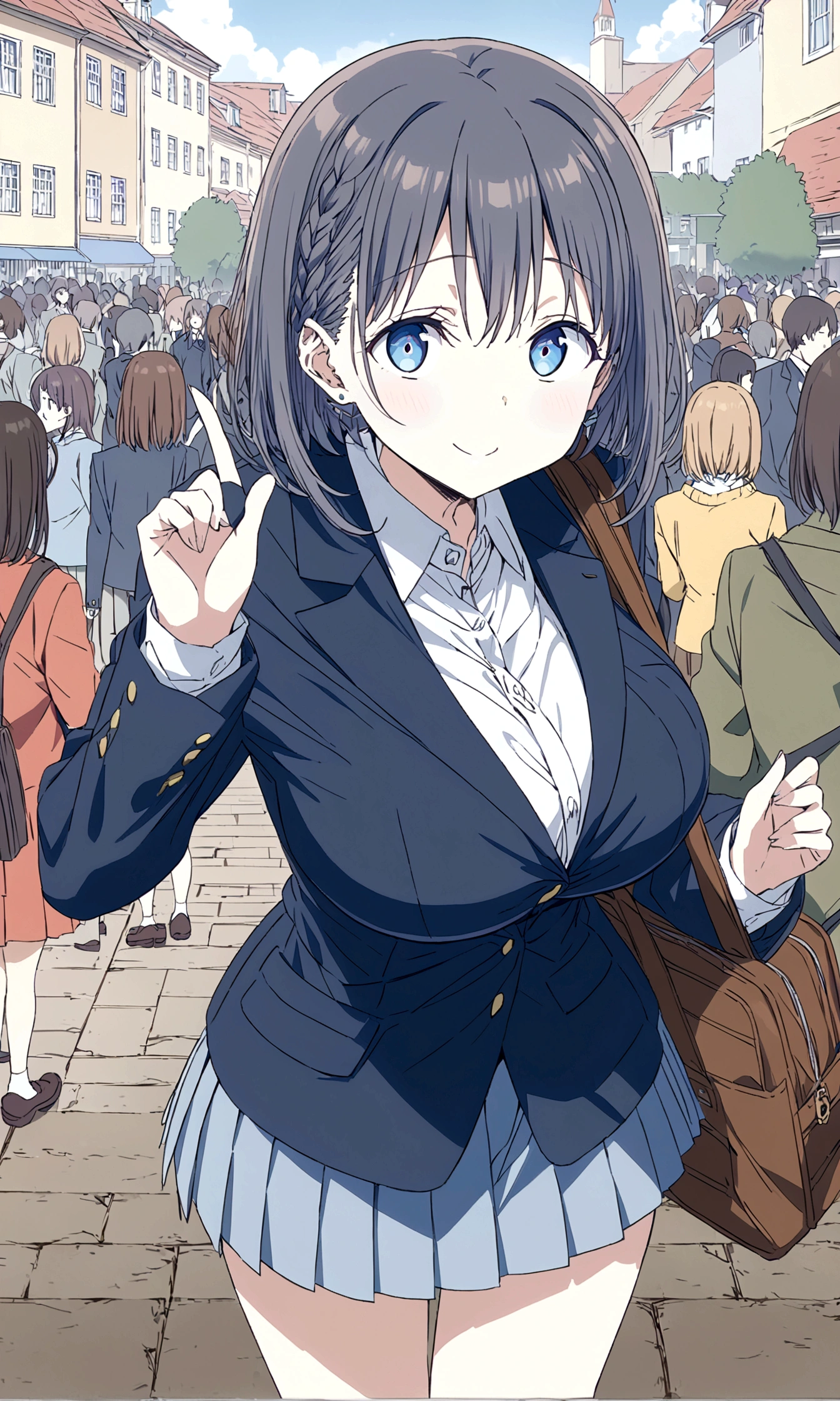 Tawawa on Monday,Ai-chan,Big Breasts,Blue Blazer,high school girl,temptations,whole body,In town,crowd,silhouette,finely detailed beautiful face,high quality,anime,beautiful,High resolution,anime color,{{{{8K_wallpaper}}}},{{{masterpiece}}},{{{{extremely detailed eyes}}}},{{{{extremely detailed body}}}},{{{{extremely detailed finger}}}}