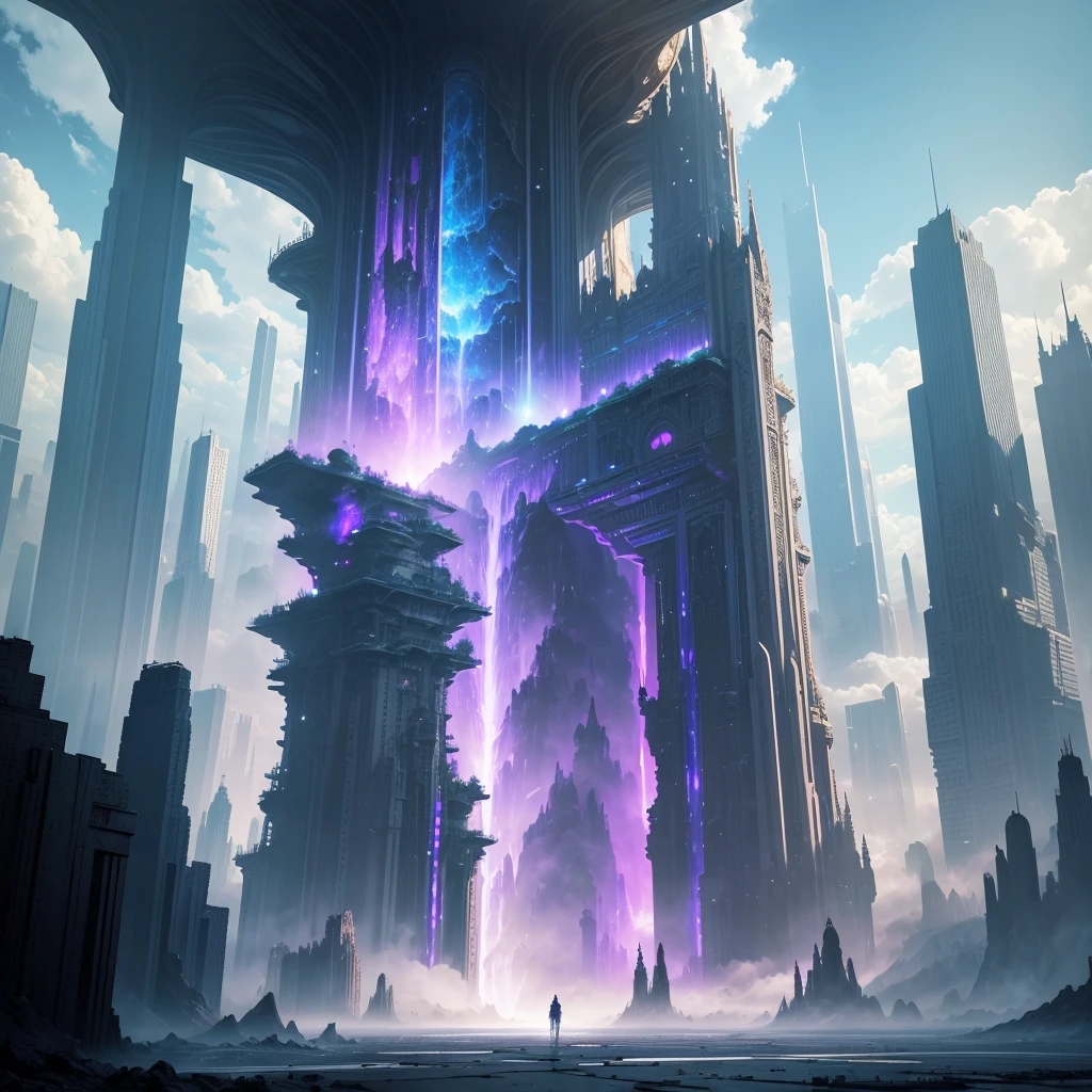 A huge fantastical sci-fi city, aether city, floating aerial metropolis,Skyscrapers、Huge construction，Super huge waterfall，mysterious，Fantasy， towering skyscrapers, massive waterfall, celestial planets in the sky, surrounded by clouds, cosmic architecture, violet energy scars around, great evolution，A world far beyond the natural world，Infinite World，The World God who transcends life々，central massive castle, astral sky