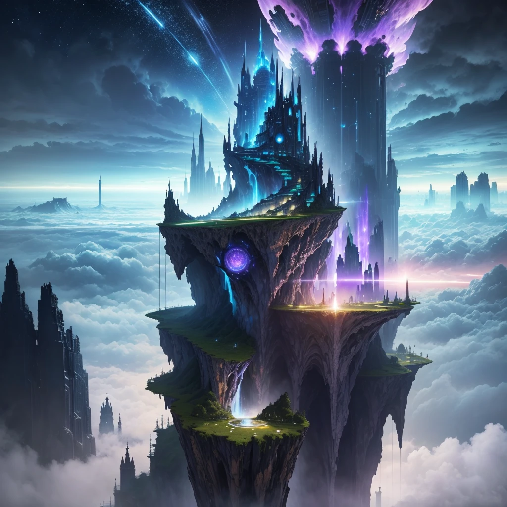 A huge fantastical sci-fi city, aether city, floating aerial metropolis,Skyscrapers、Huge construction，Super huge waterfall，mysterious，Fantasy， towering skyscrapers, massive waterfall, celestial planets in the sky, surrounded by clouds, cosmic architecture, violet energy scars around, great evolution，A world far beyond the natural world，Infinite World，The World God who transcends life々，central massive castle, astral sky