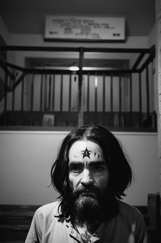 Black and white photo of Charles Manson (eerie atmosphere)