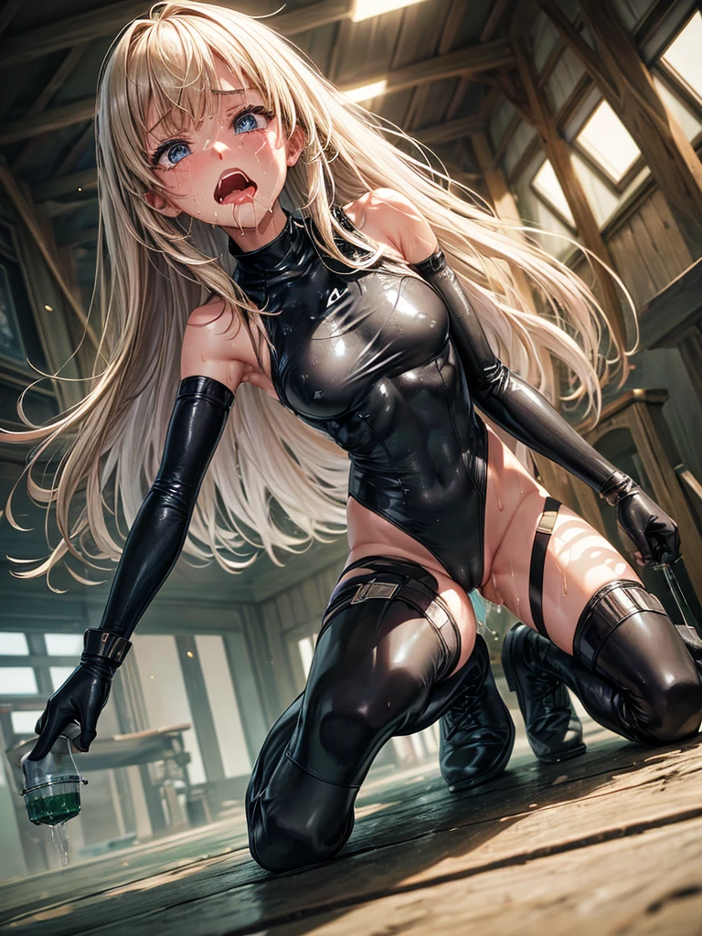 Highest quality,Highest Resolution,Beautiful girl in camouflage leotard,half boots,High leg,whole body,front,Armory,Crying face,Tears,Sweating profusely,(((Open your mouth and drool))),Very beautiful eyes,(((Drink water))),indoor,