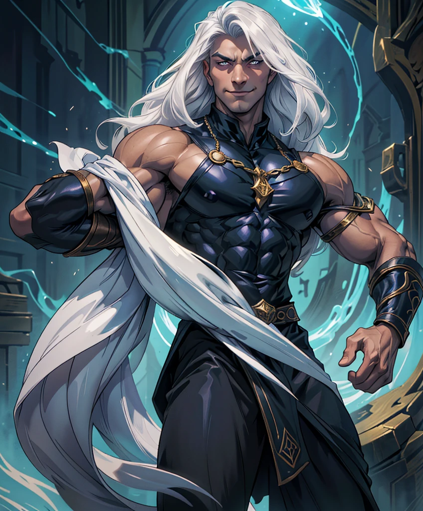 (((Luxurious shoulder-length white hair, dark complexion, and sexy smirk.))) (((18 years old.))) (((18yo.))) (((Cute smirk.))) (((Single character image.))) (((1boy)))Visualize a spellbinding male wizard set against the backdrop of a medieval fantasy world. This enigmatic figure embodies an enticing blend of allure and darkness, his very presence casting an enchanting aura. He is impeccably attired in the most exquisite medieval fantasy wizard robes, exuding an air of sophistication.
The wizard possesses a youthful countenance that belies the deep moodiness within. His long, flowing hair is a lustrous cascade, oozing with a seductive and alluring charm. His eyes, captivating and mesmerizing, beckon viewers into the depths of his enigma. His physique, sculpted and sensual, hints at hidden power beneath the surface.   (((he has very strong sexual charisma and his dark aloofness, draws women in.))) 
With a subtle smile playing upon his lips, he emanates an aura of smug confidence, knowing that his arcane prowess sets him apart from the mundane. He carries an air of distinguished arrogance, yet his lithe and slender figure reflects an intelligence that transcends mortal bounds.
This wizard's gaze holds secrets untold, and his sinister undertone hints at a mysterious past. He is a master of the arcane, a sorcerer of the mystic arts, and an adventurer in the truest sense. His scowl speaks of power, and his very presence is irresistibly desirable.
His devious smug smirk reveals his awareness of his own capabilities, and his athletic body is as handsome as it is commanding. The artwork should embrace the unique art style of Artgerm, capturing intricate details, hyper-detailed hands, and ultra-detailed clothing that showcase the craftsmanship of this epic masterpiece.
This is a Dungeons & Dragons character portrait that trends on artstation, embodying the essence of a wizard who is both a captivating enigma and a force to be reckoned with.
