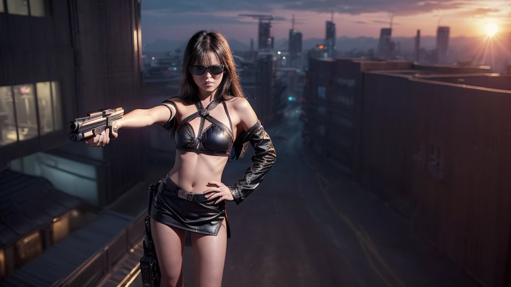 (((At night, ((very dark sunset sky)), (((1girl, solo))), a western woman, photo realistic, large-breast:1.2 slim body, cleavage, off tube top, short pleated miniskirt, standing on rooftop, (((matrix style black sunglasses))), (((aiming towards viewer with a short:0.8 pistol))), half-body thigh level medium:1.2 shot))). In the background, simple aerial view of a sci-fi futuristic city, neon light, (((flying vehicle speeding towards viewer))).