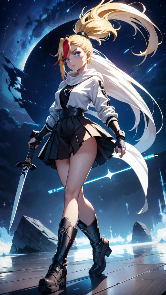 1 girl, ultra long hair, ultra detailed face, glowing lips, glowing blue eyes, very long ponytail, elegant walk, catwalk, holding down a giant katana, blonde, long eyelashes, long boots , looking to the sky, starry sky, a ultra giant katana