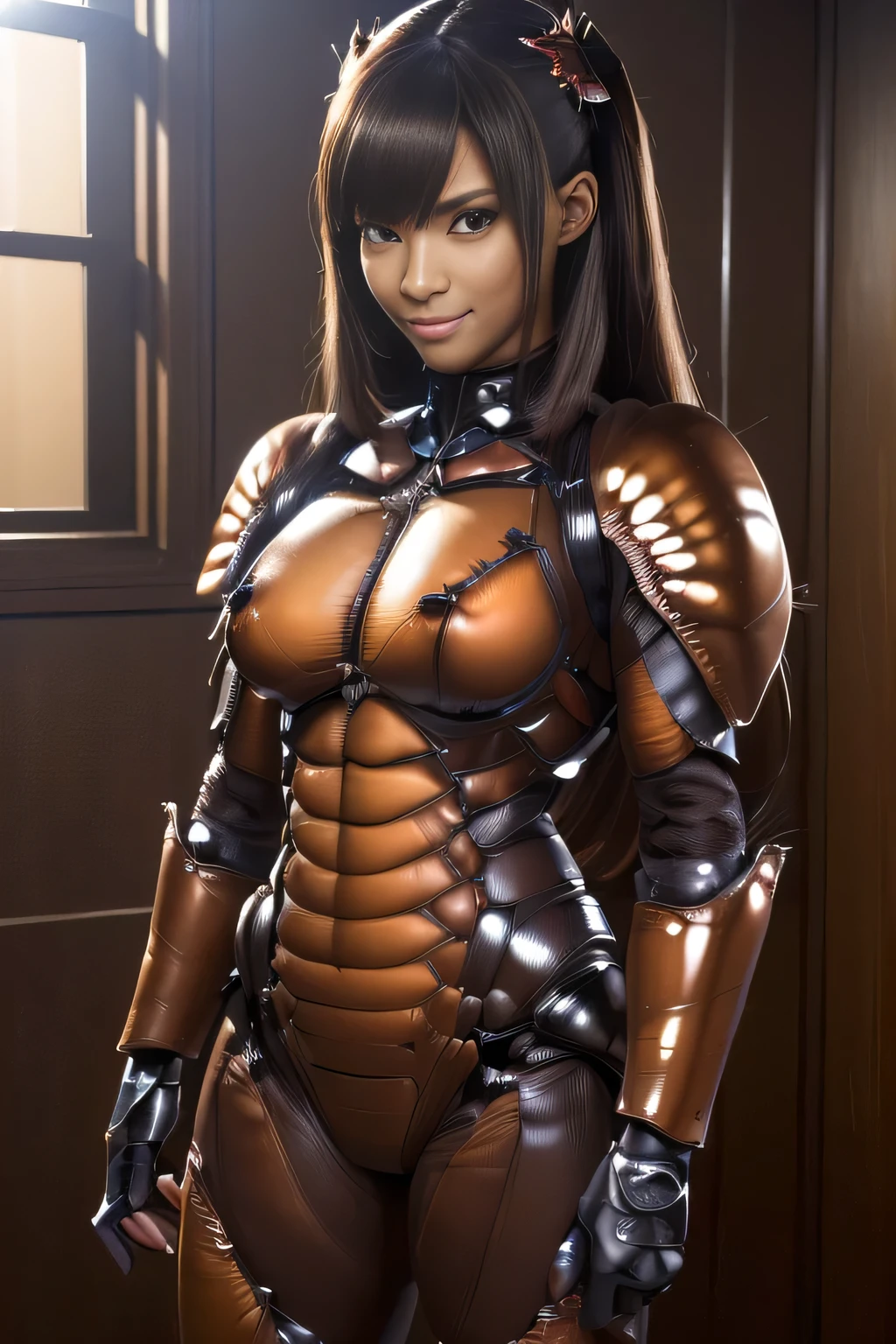 (high resolution,masterpiece,best quality,extremely detailed CG, anime, official art:1.4), realistic, photo, amazing fine details, all intricate, gloss and shiny,awesome many layers, 8k wall paper, 3d, sketch, kawaii, illustration,( solo:1.4), perfect female proportion,villainess, (fusion of dark brown cockroach and lady:1.4), (brown cockroach form lady:1.2), (brown cockroach lady:1.2), (fusion:1.2), (solo:1.4), (evil smile:1.2), muscular, abs, (cockroach brown exoskeleton bio insect suit:1.4), (cockroach brown exoskeleton bio insect armor:1.2), (brown transparency cockroach wing:1.4), (brown cockroach antennae:1.3),
