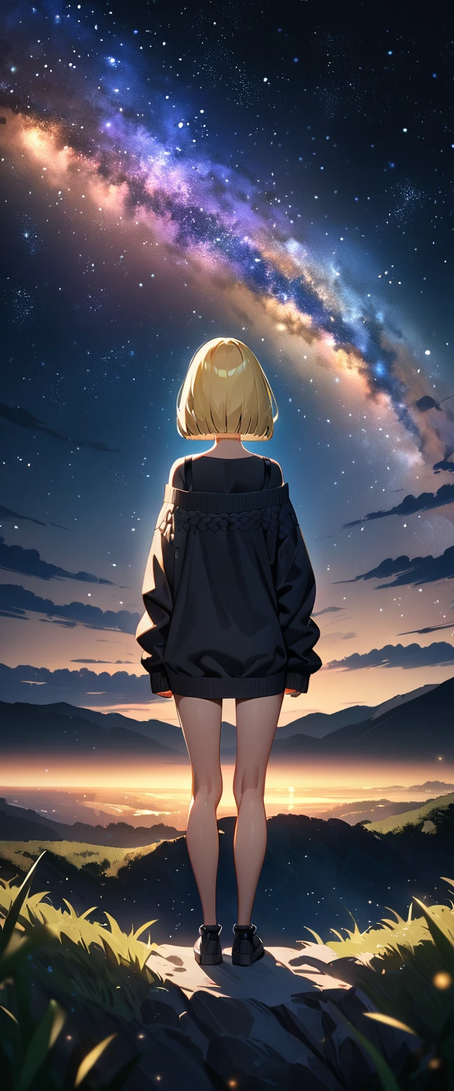 (((a beautiful starry sky, the Milky Way shining beautifully in the night))), ((bare legs)), ((())), ((Aran sweater)), ((((from back)))), upper body, ((standing on the very high cliff)), wavy hair, inward curled hair, grass field, (((wide shot, full body))), ((blond hair, bob cut:1.3)), breasts, teenager, (looking at another), oversized clothes, puffy long sleeves, ((off-shoulder sweater:1.3, Quite thick shoulder straps)), ((black sweater)), collarbone, head tilt:1.3, (((blue eyes))), happy smile, (((anime style))), (best quality, 4K, 8K, highres, masterpiece:1.2, ultra-detailed, ultra-detailed eyes, HDR, uhd, studio lighting, ultra-fine painting, sharp focus, physically-based rendering, extreme detail description, professional, vivid colors, bokeh)