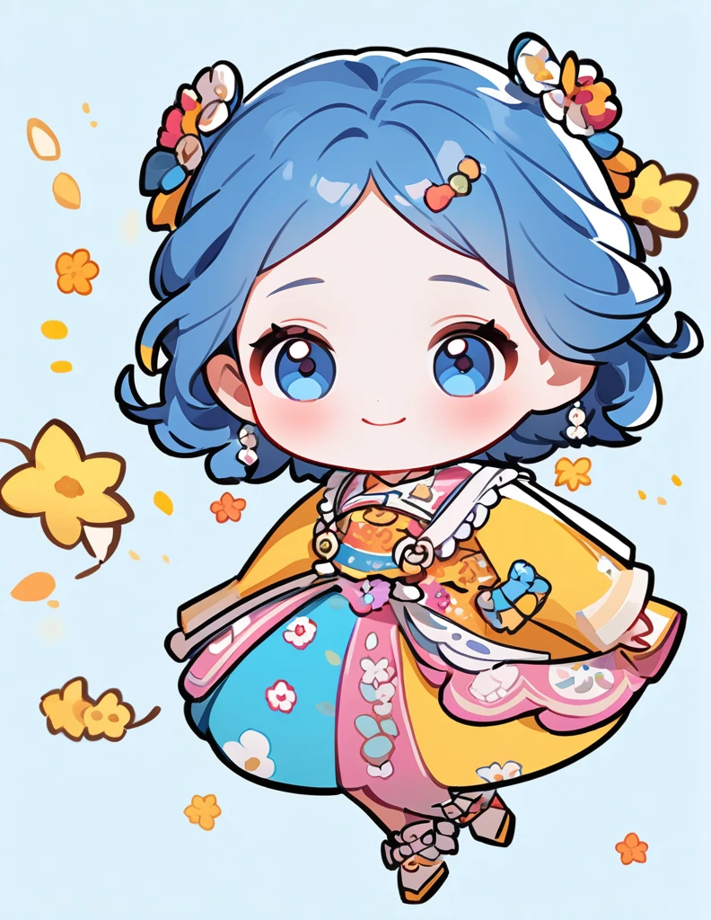A cute chibi-style girl with blue hair. She has large, expressive eyes and a small, round body. The blue-haired girl is wearing a colorful outfit and has a cheerful expression on her face. The background is simple and light to highlight the character.