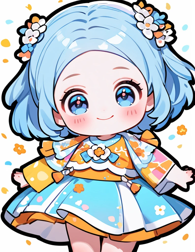 A cute chibi-style girl with blue hair. She has large, expressive eyes and a small, round body. The blue-haired girl is wearing a colorful outfit and has a cheerful expression on her face. The background is simple and light to highlight the character.

