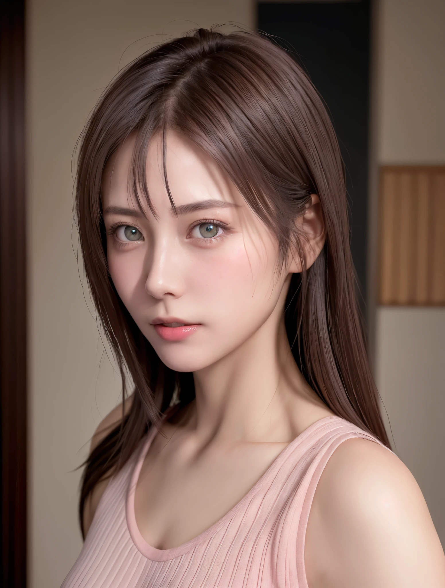 8K, Best Quality, masutepiece, Ultra High Resolution, (Realism: 1.4), Original photo, (Realistic skin texture: 1.3), (Film grain: 1.3), (Selfie angle), 1 girl, Pink clothes, Sapphire colored eyes and beautiful facial details, masutepiece, Best Quality, close-up, Upper body top quality image quality pull-up