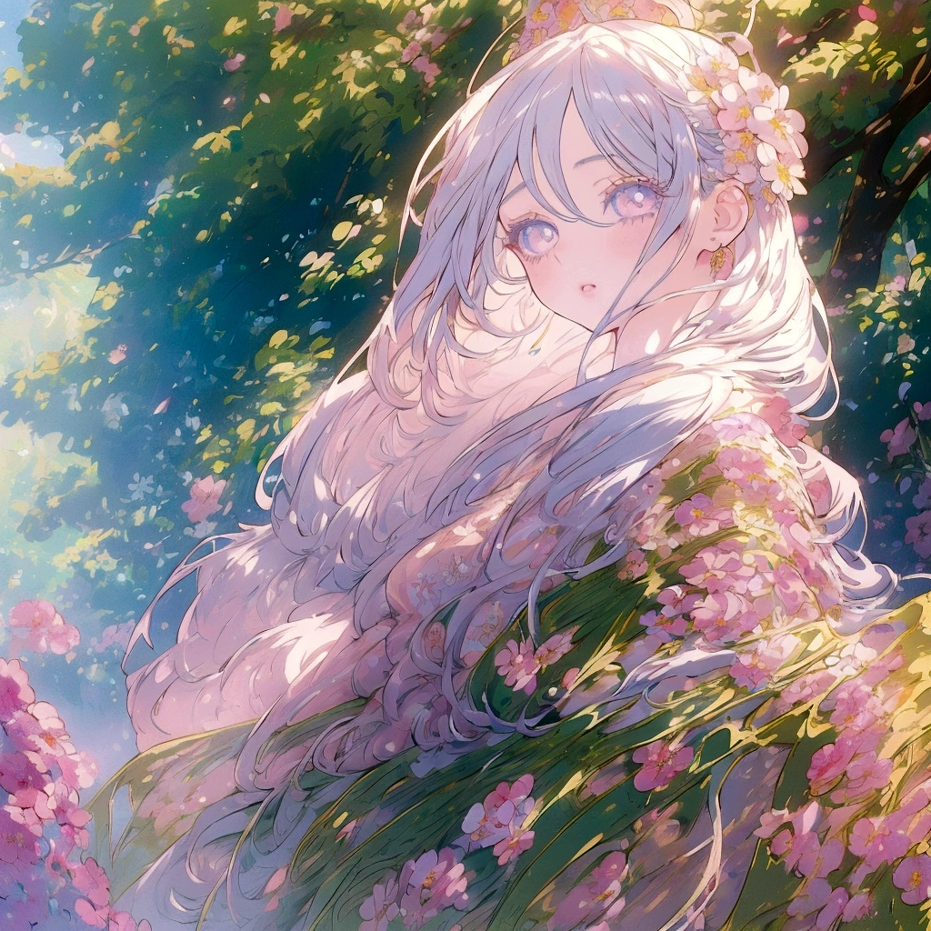 A beautiful young anime girl, detailed facial features with big eyes, long eyelashes, delicate nose and lips, long flowing hair, detailed intricate dress,  figure, standing in a lush garden with colorful flowers, sunlight streaming through the trees, soft pastel color palette, cinematic lighting, photorealistic, 8K, masterpiece