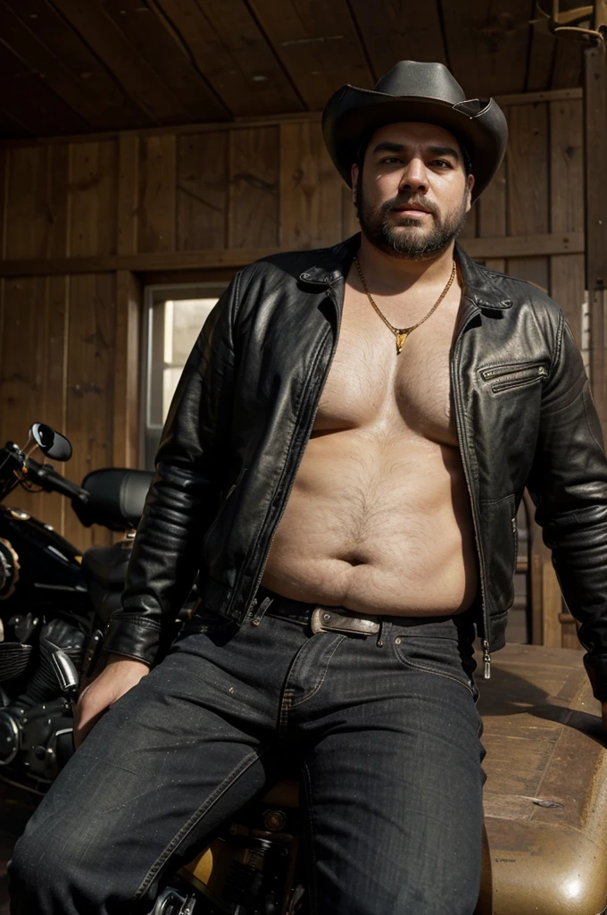 Create an image of a fat man. He is white with straight black hair, brown eyes, and a short, well-trimmed beard. His nose is slightly wide, his face is chubby, and he has thin, rosy lips. He has broad shoulders, a large belly, big hands, and thin legs, which are somewhat disproportionate to the rest of his body.
In this image, the man is wearing a black leather jacket, dark jeans, and black boots. He is adorned with gold necklaces and wearing a black cowboy hat.
He is sitting on a customized Harley Davidson motorcycle. The motorcycle has a black matte finish with wide rear wheels that give it a robust appearance. The old yellow headlights add a vintage touch, and the seats are brown leather. The motorcycle should have a distinctive, powerful design.
The scene is set in front of an old, rustic bar on Route 66.
