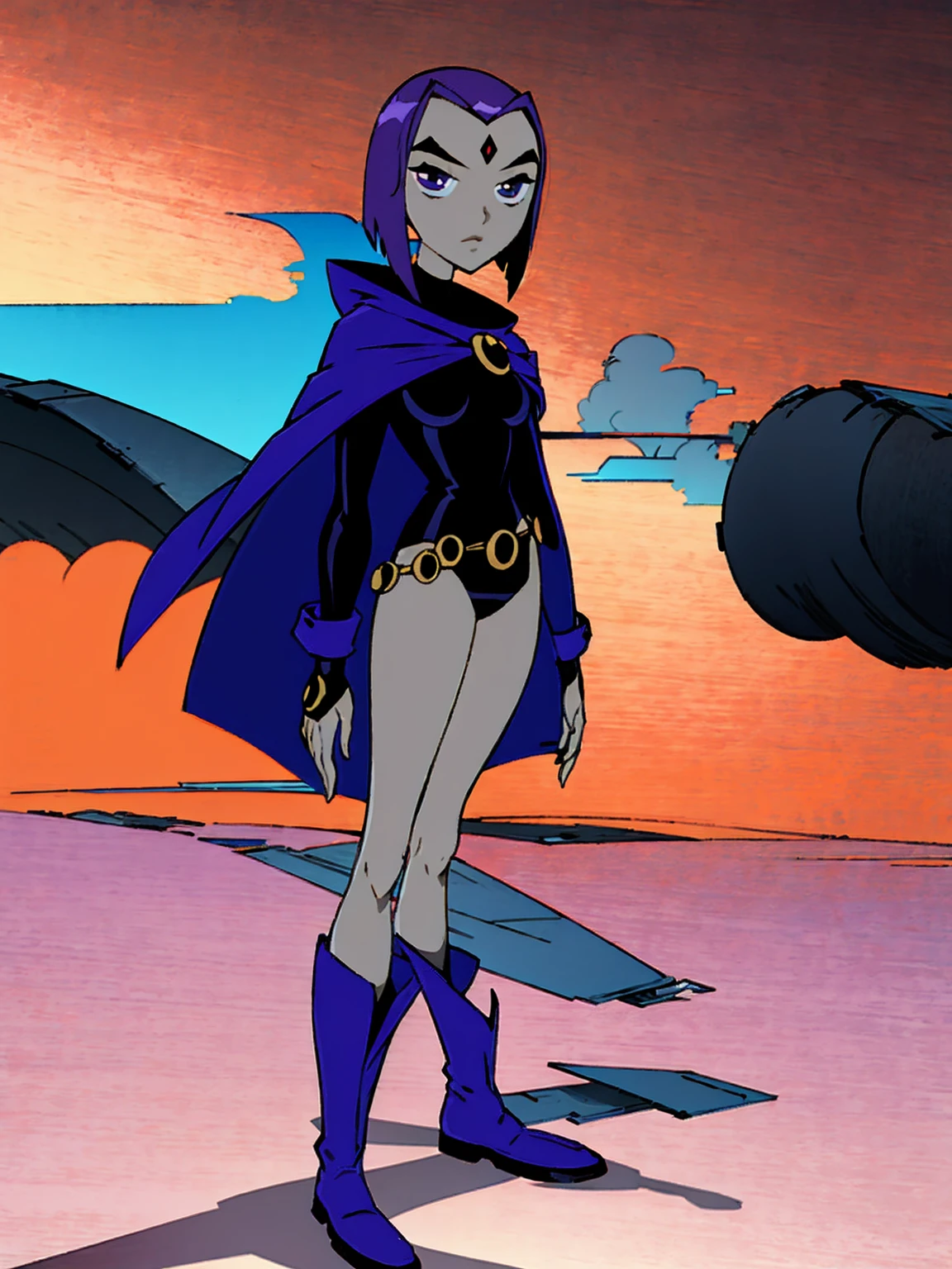 raventt, 1girl, solo, grey skin, cape, purple hair, purple eyes, forehead jewel, short hair, leotard, looking at viewer, belt,boots