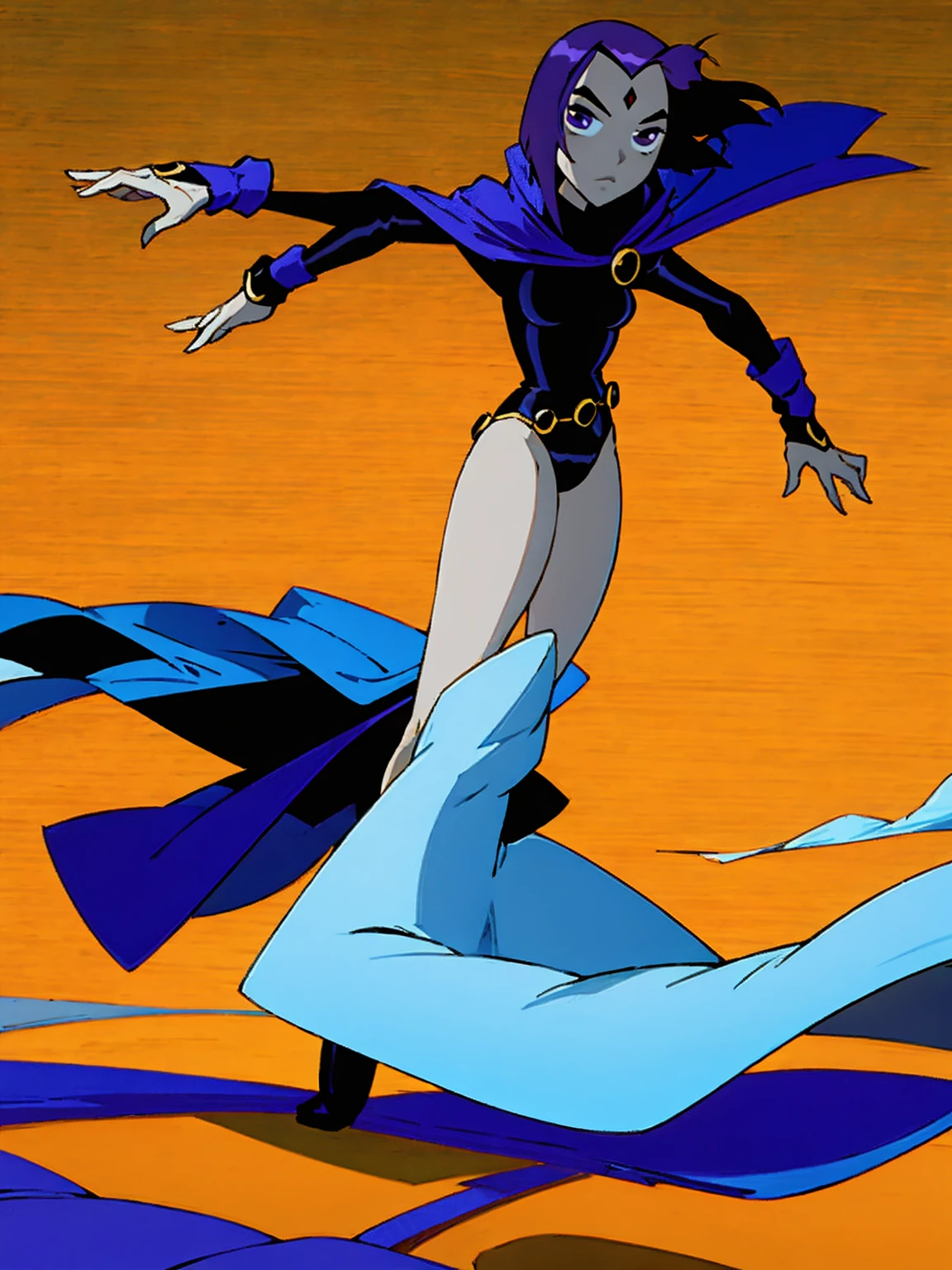 raventt, 1girl, solo, grey skin, cape, purple hair, purple eyes, forehead jewel, short hair, leotard, looking at viewer, belt,boots
