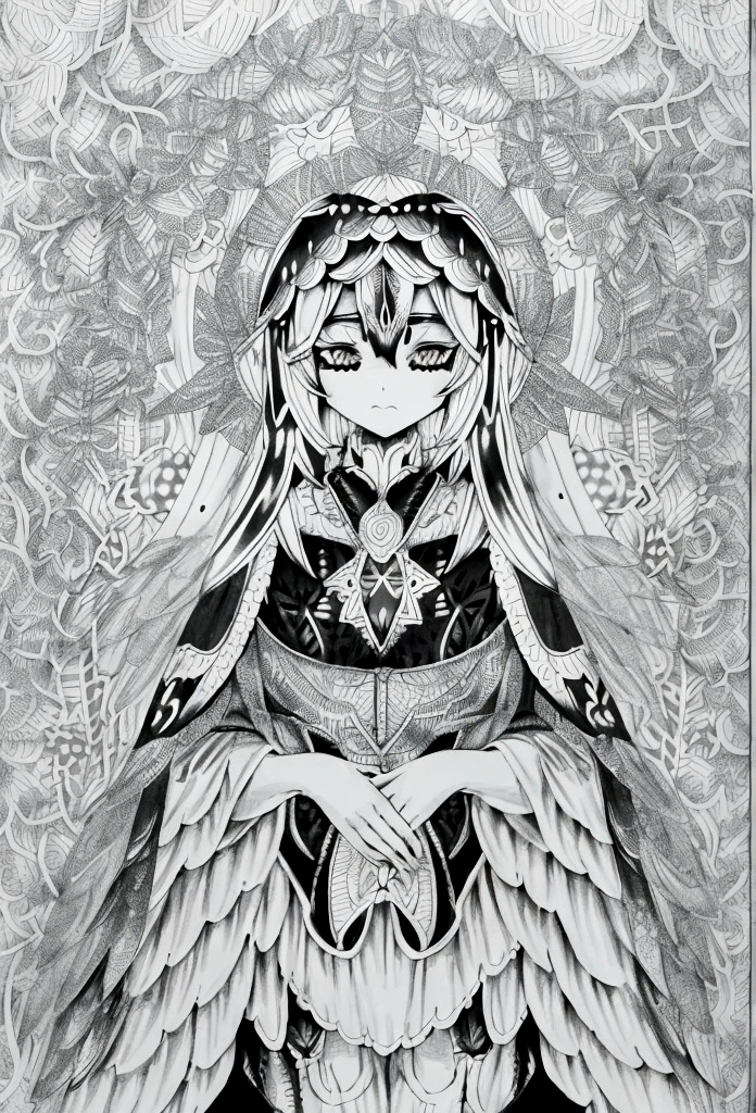 (A black and white coloring book:1.5), ( absurd, high quality, super detailed, masterpiece, concept art, Smooth, highly detailed artワーク, super realistic painting ) , small ,A fairy with delicate wings collecting dew drops from leaves, Brilliant, dream-like, fantasy, fairy wings, in the forest, enchanting shine, highly detailed art