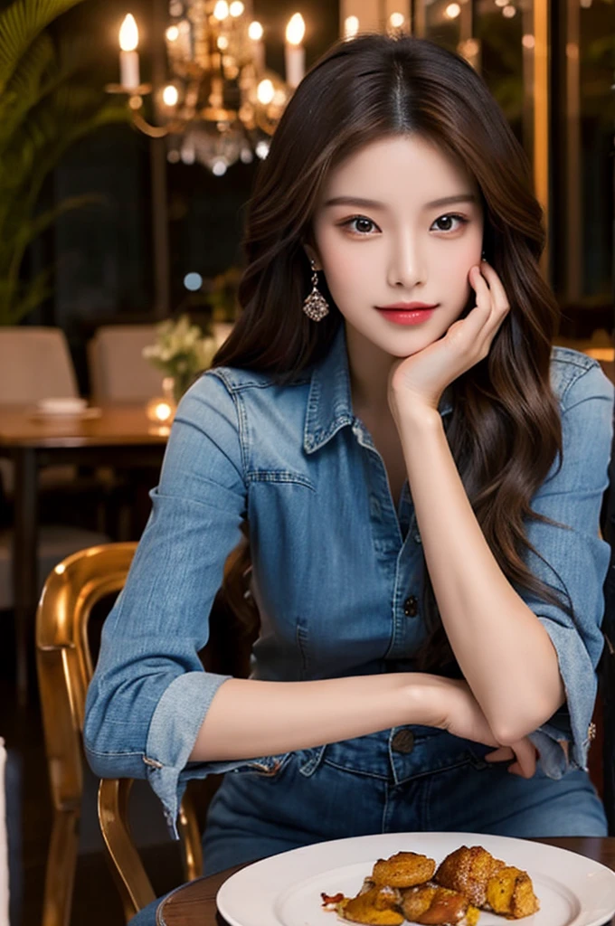 Generate an image of a breathtaking 20-year-old Asian woman whose beauty is comparable to a goddess of the fire element. She has large brown eyes, dark brown hair, radiant skin, and an appealing look. Dressed in a stunning top and blue skinny jeans, she is seated elegantly at a romantic dining table. The ambiance is intimate with soft lighting, candles, and a beautifully set table.