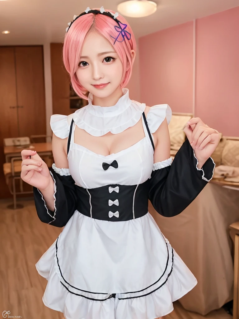((hair cover eye)), ((Maid Uniform:1.25)), Ram_Rezero, fullllbody, 1girl in, hight resolution, Sharp Focus, Pixiv masterpiece, ((Intricate details)), Highly detailed,
ulzzang -6500-v1.1, (pureerosface_v1:0.8), Best Quality, masutepiece, Illustration, (Realistic, Photorealsitic:1.37), amazing, finely detail, masutepiece, Best Quality, unbelievable Ridiculous, huge filesize, Ultra-detailed, hight resolution, Beautiful detailed girl, extremely detailed eye and face, Beautiful detailed eyes, Pose, Ray tracing, 1girl in, korean young girl, lightsmile, blush, age, cleavage, Maid headdress, maid, Eyes, pink hairpin, white_legwear very, (Detached_sleeves:1.2), Portrait, maid apronl, Natural light, Light on Face, Cinematic lighting, Upper body, gros-plan, (NSFW), (), (Pink hair:1.2), Short hair, Bangs, Hair over one eye, (((Small breasts))), (((Small ))), Solo, Skirt lift, 8K resolution, (white eyeballs:1)