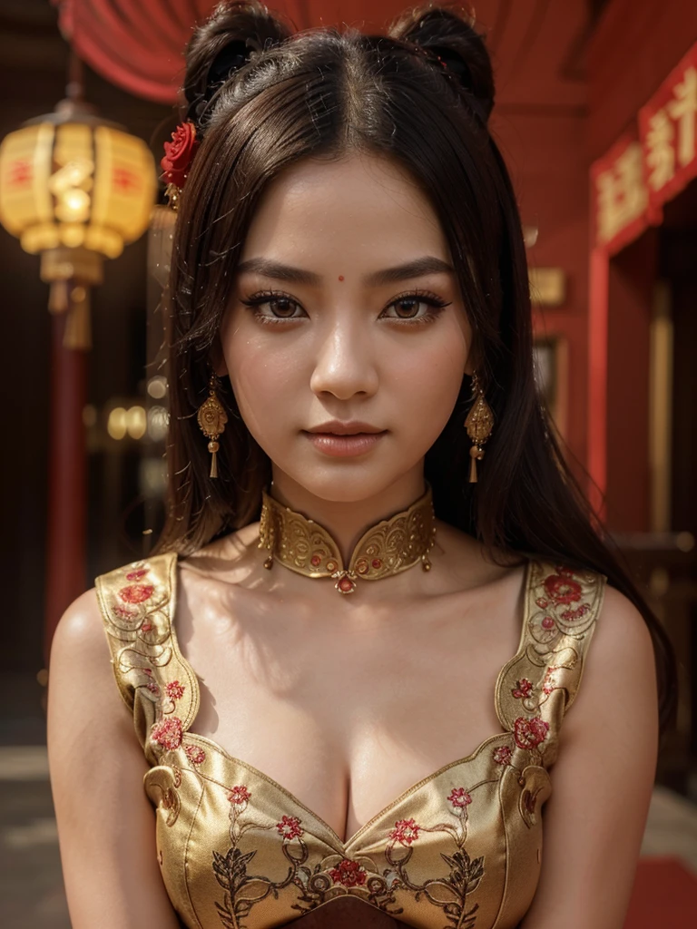 beautiful detailed girl in traditional chinese dress, panda, beautiful detailed eyes, beautiful detailed lips, extremely detailed face, longeyelashes, decorative ancient chinese background, cinnabar red and gold color palette, dramatic lighting, (best quality,4k,8k,highres,masterpiece:1.2),ultra-detailed,(realistic,photorealistic,photo-realistic:1.37),intricate detailed ornate chinese architecture,warm lighting,elegant,graceful,charming