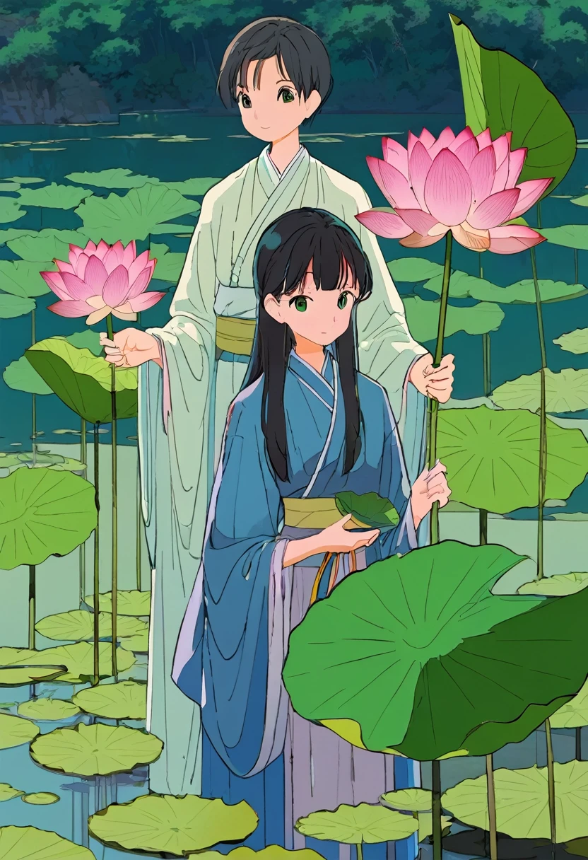 A girl holding a lotus and a boy holding a lotus leaf