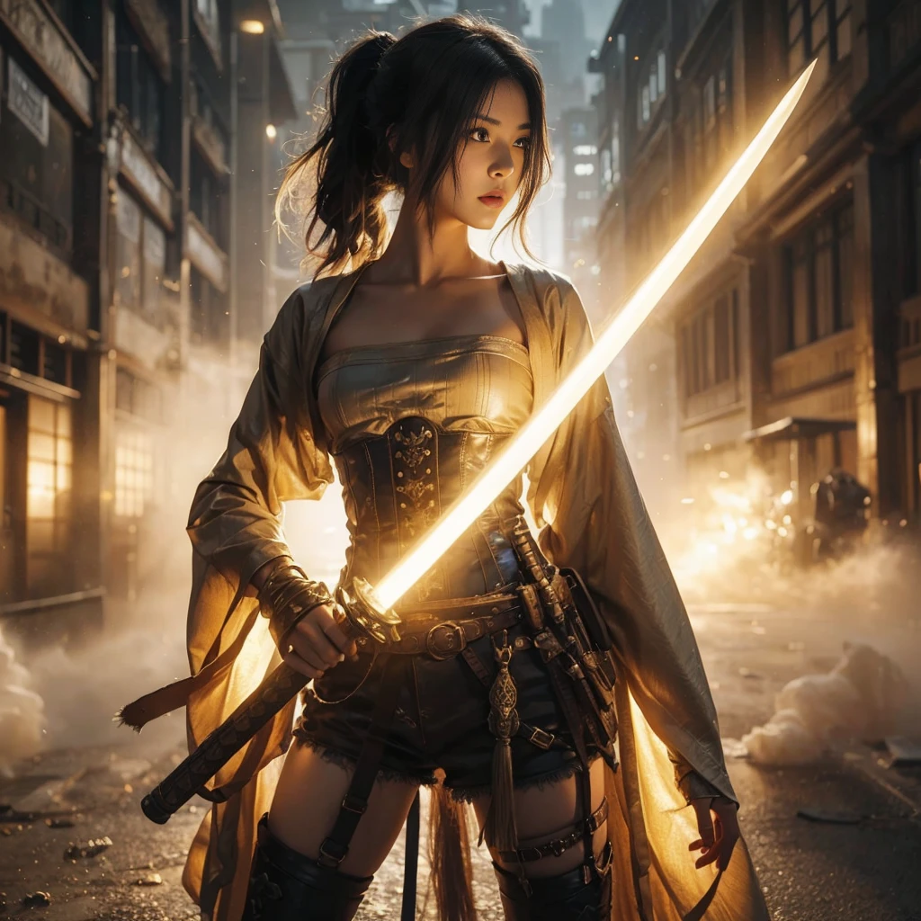 Asian woman with a light golden glow sword standing on the ground in front of a building, she is holding a sword in action pose, epic fantasy art style, she is holding a katana sword, long sword in her hand, epic fantasy art style hd, fantasy art style, with large sword, great art with details, epic fantasy style, cinematic, night scene with lentern light, smoke fog effect, very realistic, ultra detailed, photorealistic, ultra high definition, 16k