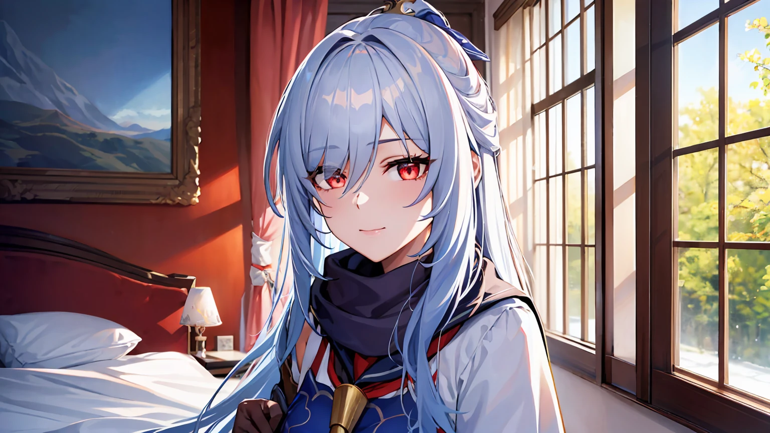 masterpiece, best quality, JingliuV5, 1girl, solo, looking at viewer, red eyes, gloves, , white scarf, scarf on neck, sailor collar, white cape, sitting on bed, indoors, bedroom, windows, blue sky, warm smile, upper body. closed mouth,