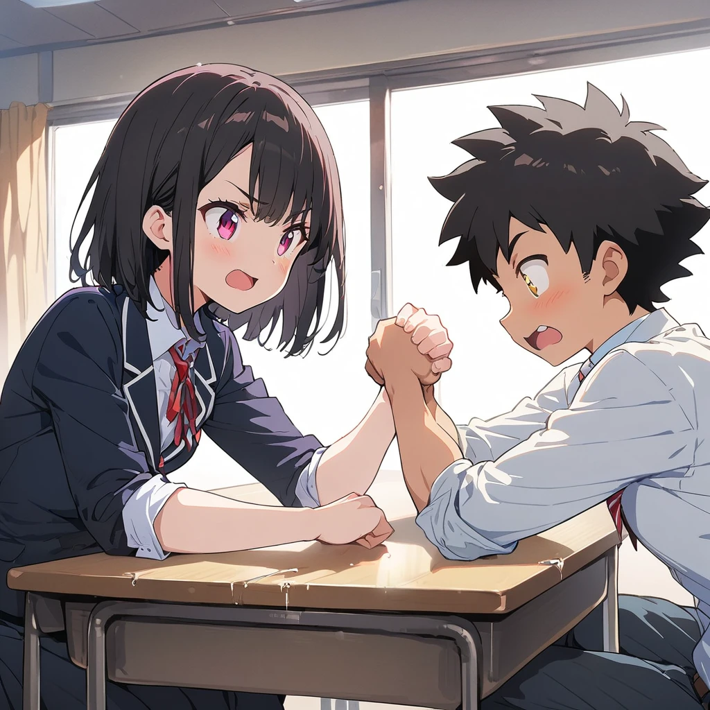1 Girl、(Black Hair、short hair:1.2)、(high school student、uniform)、(Arm wrestling with friends:1.3)、Brave look、School classroom、(Highest quality、masterpiece、High resolution、detailed)animeスタイル、Flat Style、(Shining Eyes、detailed美しい顔),  break,anime